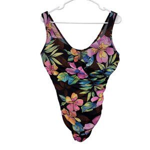 Miraclesuit Floral One-Piece Swimsuit V-Neck Ruched Tropical Print Womens 18W